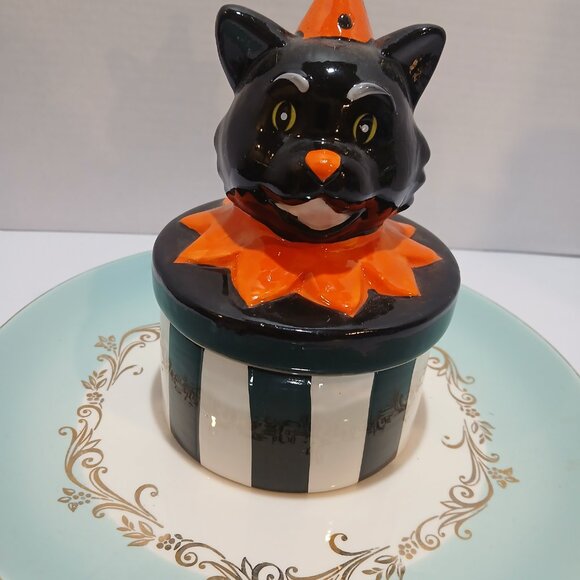Halloween Retro Black Cat Ceramic Trinket Box - Picture 3 of 11